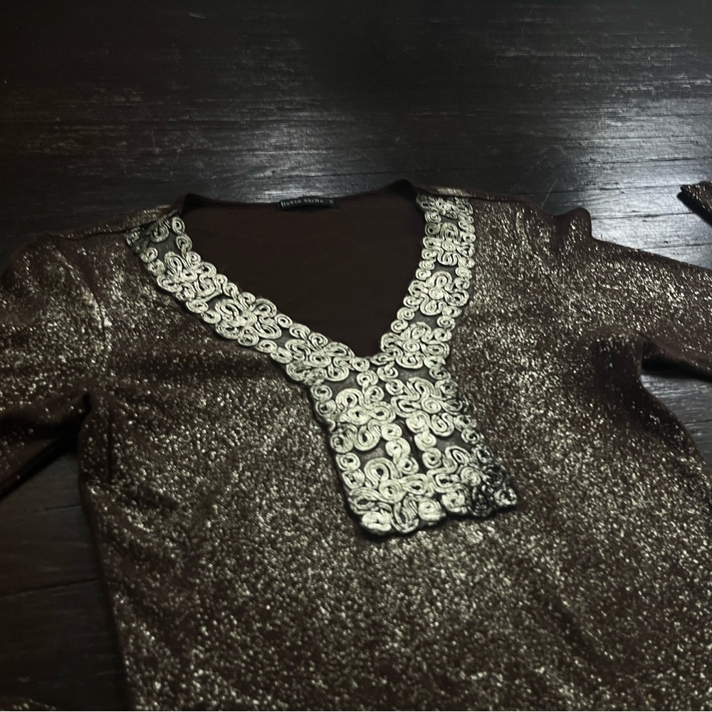 Brown Metallic Top with Embellished Neckline